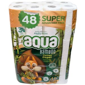 Bamboo Toilet Rolls 3Ply - Pack of 48 Rolls  - Super Advantage Pack - Fluffy Plies, Eco-Friendly, Soft and Durable Aqua Toilet Paper