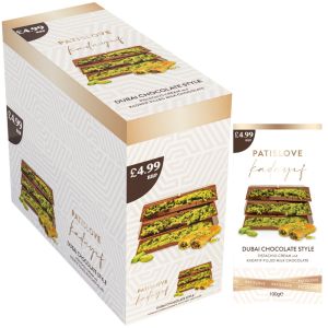 PATISLOVE Kadayif Dubai Chocolate Style PMP - Pack of 10 x 100g - Pistachio Cream & Kadayif Filled Milk Chocolate - Best Before: 25.06.2025