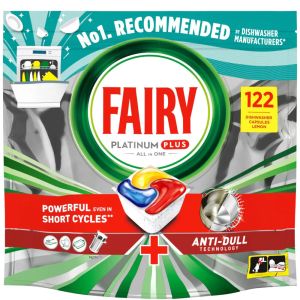 Fairy Platinum Plus Complete Dishwasher Tablets 122 Lemon Capsules with Anti-Dull Technology & Rinse Aid Effect Effective in Short Cycles