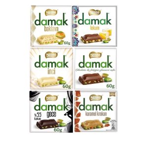 6x 60G Nestle Damak Premium Chocolates with Pistachios Mix Pack: Baklava, Lokum, White, Caramel Croquant, Milk and Dark Chocolates