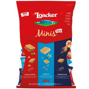 Loacker Minis Mix Crispy Wafers – Pack of 80 x 10g - Assorted Flavours: Hazelnut, Vanilla & Cocoa-Chocolate Cream Fillings