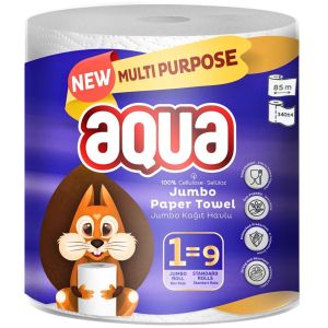 Aqua 2 Ply Multi-Purpose Jumbo Paper Towel - 1 Mega Roll = 9 Standard Rolls, 85m Approx. - Strong & Super Absorbent