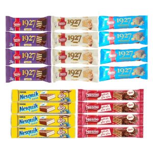 20x Nestle Chocolate Wafers Mix Pack: x4 Dark Chocolate 28G, x4 Latte White Chocolate 30G, x4 Milk Chocolate 31G, x4 Nesquik 26.7G, x4 Classic Wafers 27G