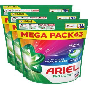 Ariel 3in1 PODS, Washing Liquid Laundry Detergent Capsules 129 Washes (43 x 3), Colour, Stain & Odour Removal in 1 Wash, Fast Dissolving Even In Cold