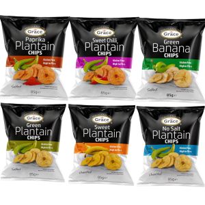 Grace Gluten Free Chips Mix - Pack of 6 x 85g (1 Each Flavours: Paprika, No Salt, Green Banana, Green Plantain, Sweet Chilli, Sweet Plantain)