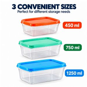 3-Piece Multi-Size Rectangular Food Storage Container Set with Lids – 450ml, 750ml & 1250ml, Kitchen Organiser Boxes