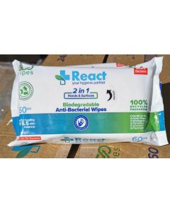 React Biodegradable Anti-Bacterial Wipes 2 in 1 Hands and Surfaces 60pcs