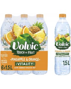  Volvic Touch of Fruit Pineapple & Orange Flavoured Water with added Vitamin B6, 6 x 1.5L