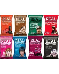 Real Hand Cooked Potato Crisps Mix Case 35G (x3 Chicken Peri Peri, x3 Roast Ox, x3 Strong Cheese & Onion, x3 Sea Salt, x3 Sweet Chilli, x3 Sea-Salt & Cider Vinegar, x3 Smokin BBQ, x3 Sea-Salt & Black Pepper)