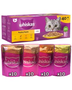 Whiskas Poultry Feasts in Jelly 1+ Adult Cat Food 85g x 40 (Flavours: 10x Chicken, 10x Duck, 10x Poultry, 10x Turkey)