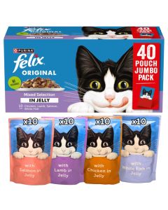 Purina Felix Original Mixed Selection In Jelly Adult Cat Food  40 x 85g (Flavours: 10x White Fish, 10x Chicken, 10x Lamb, 10x Salmon)
