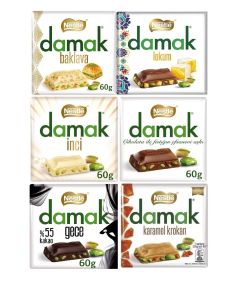 Wholesale Supplier 6x 60G Nestle Damak Premium Chocolates with Pistachios Mix Pack: Baklava, Lokum, White, Caramel Croquant, Milk and Dark Chocolates