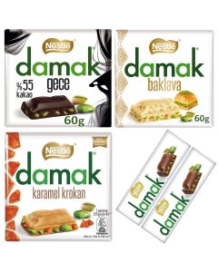 Wholesale Supplier Nestle Damak Baklava, Fine Dark Chocolate, Milk Chocolate, Caramel Croquant White Chocolate with Pistachio 60g (Pack of 4)